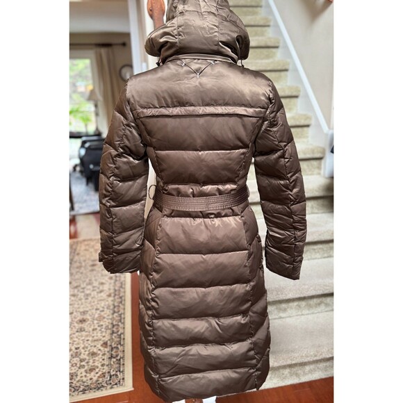 Women’s Long Belted Puffer Coat Sz S Brown Quilted Winter Jacket Removable Hood - Picture 6 of 12